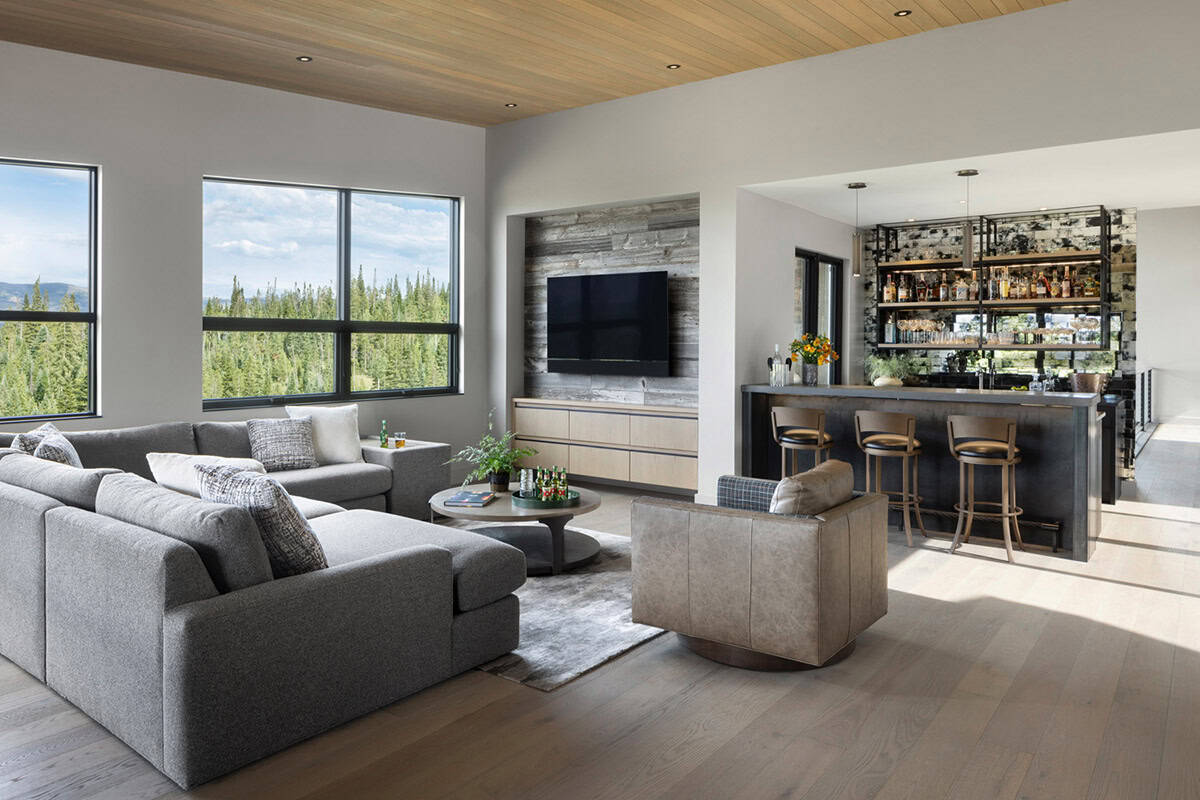contemporary family room with a tv