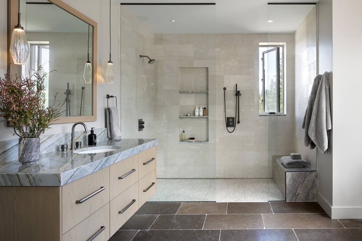 contemporary guest bathroom with tile flooring