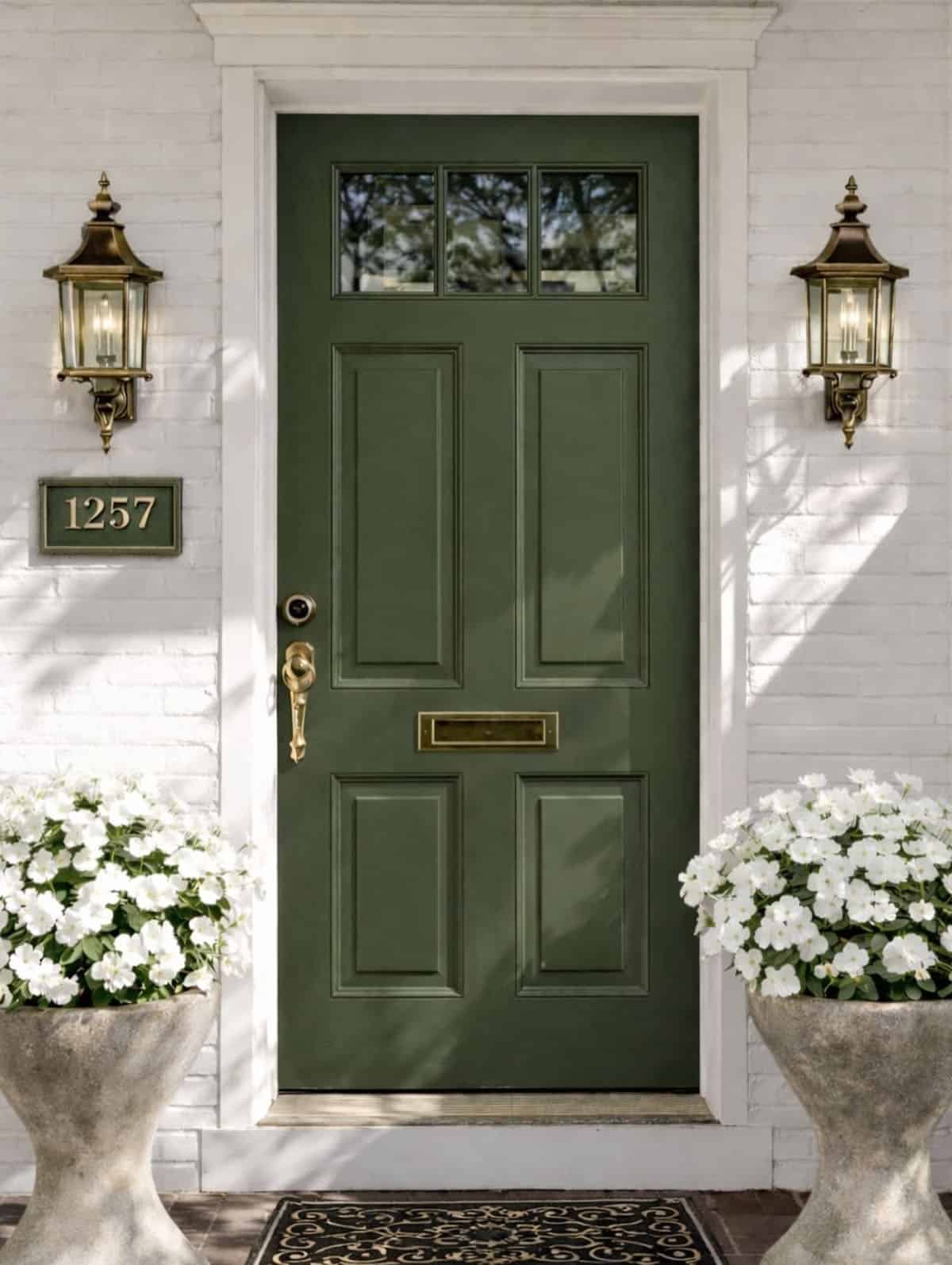 spring decorated front porch with a green door and pots filled with white flowers