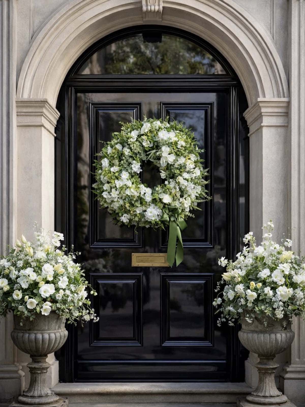 front porch with a spring wreath and planters