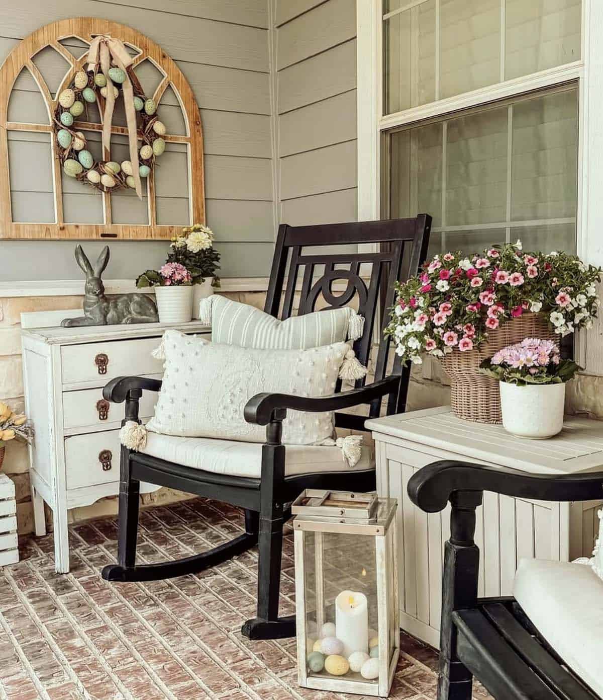 spring porch with black rocking chairs