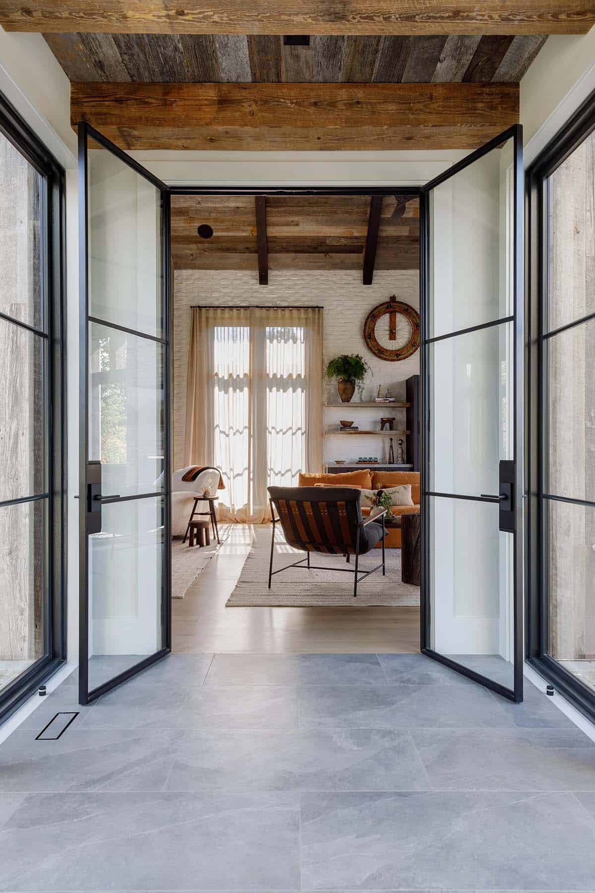 rustic modern hallway with french doors