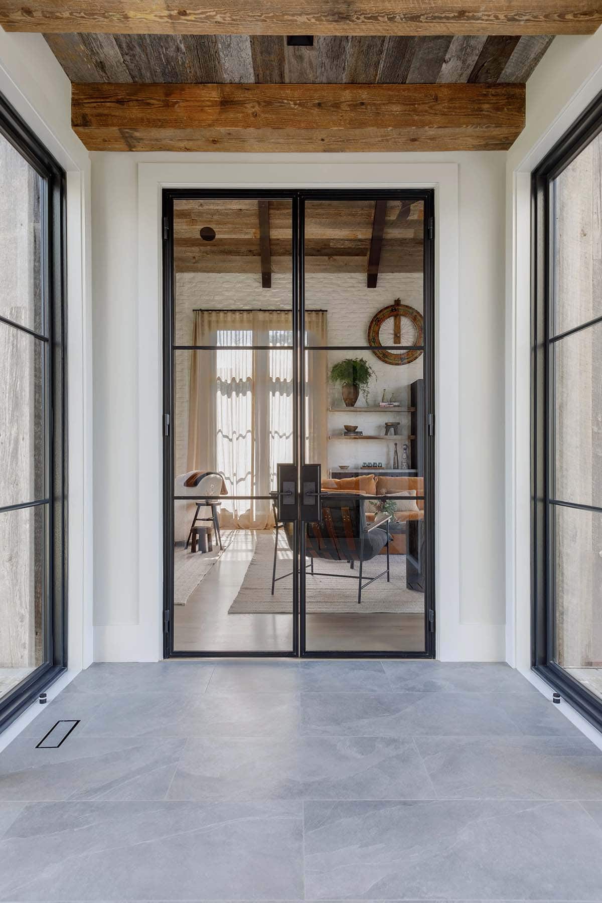 rustic modern hallway with french doors