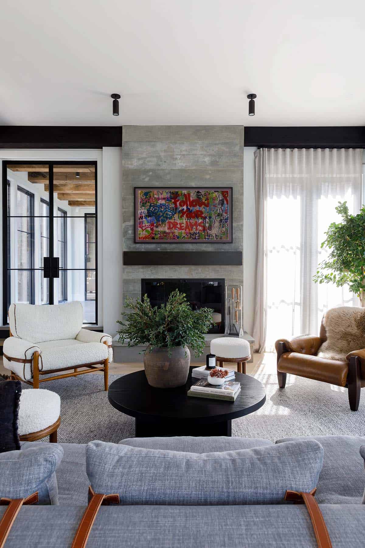 rustic modern family room with a fireplace