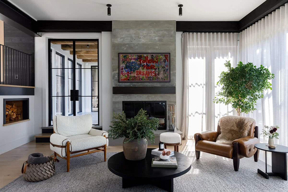 rustic modern family room with a fireplace