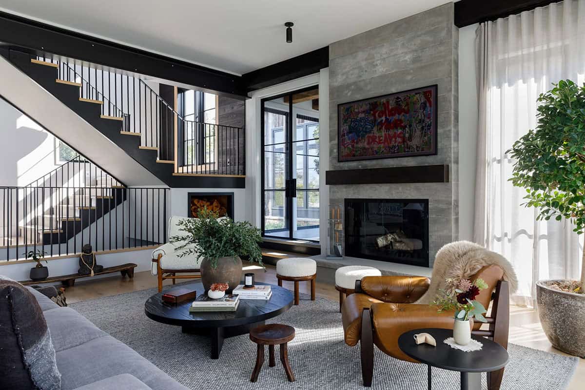 rustic modern family room with a fireplace