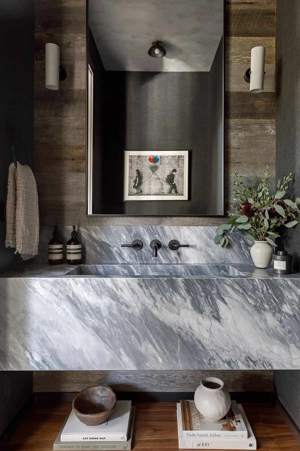 rustic modern powder room with a marble vanity