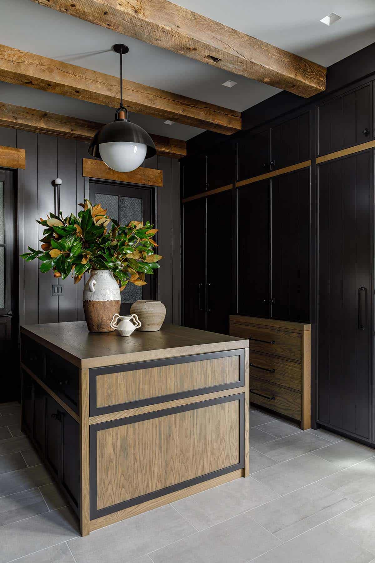 rustic modern mudroom with an island
