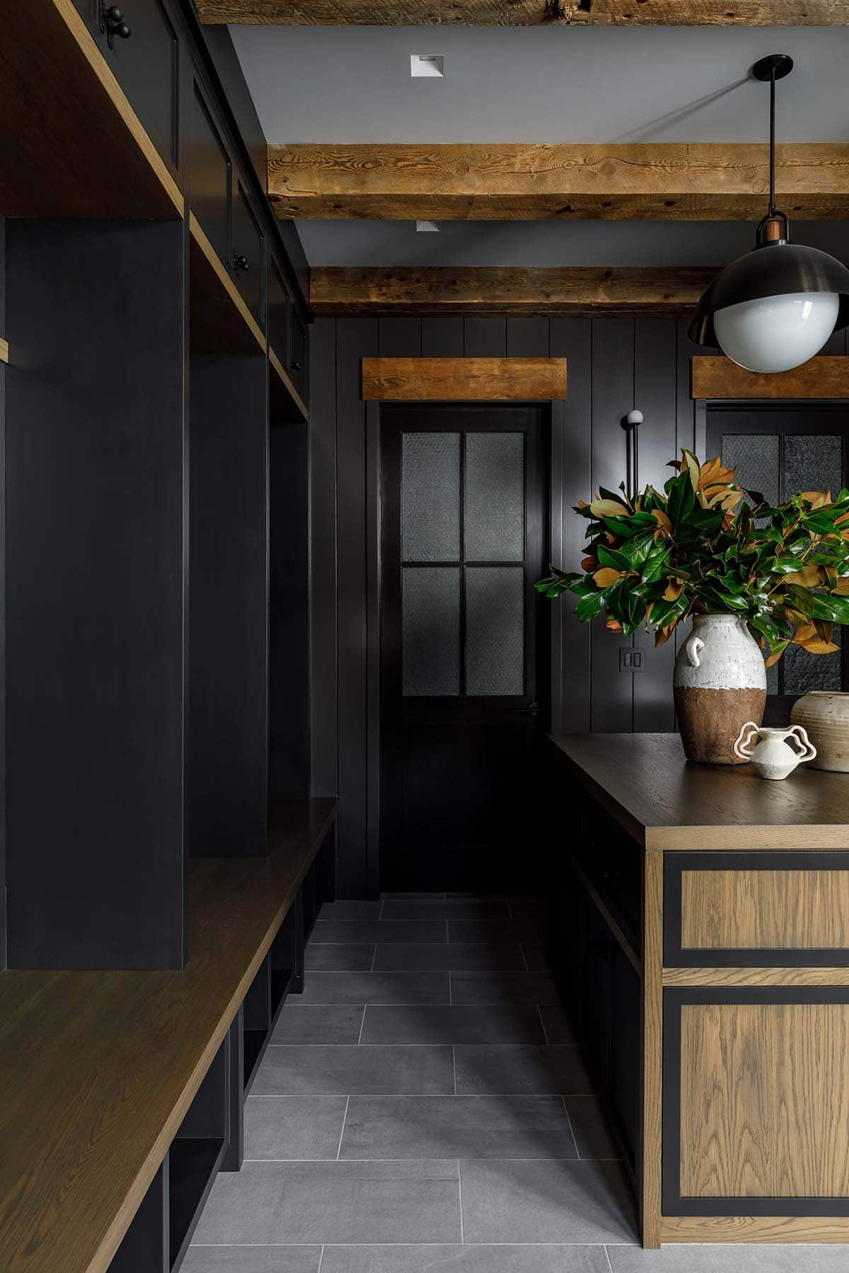 rustic modern mudroom with an island