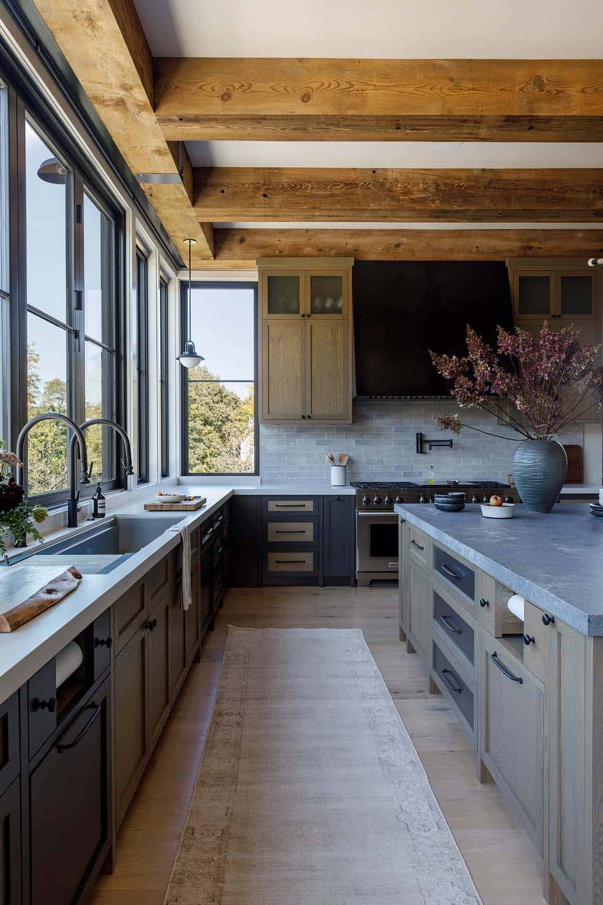 rustic modern kitchen with large windows