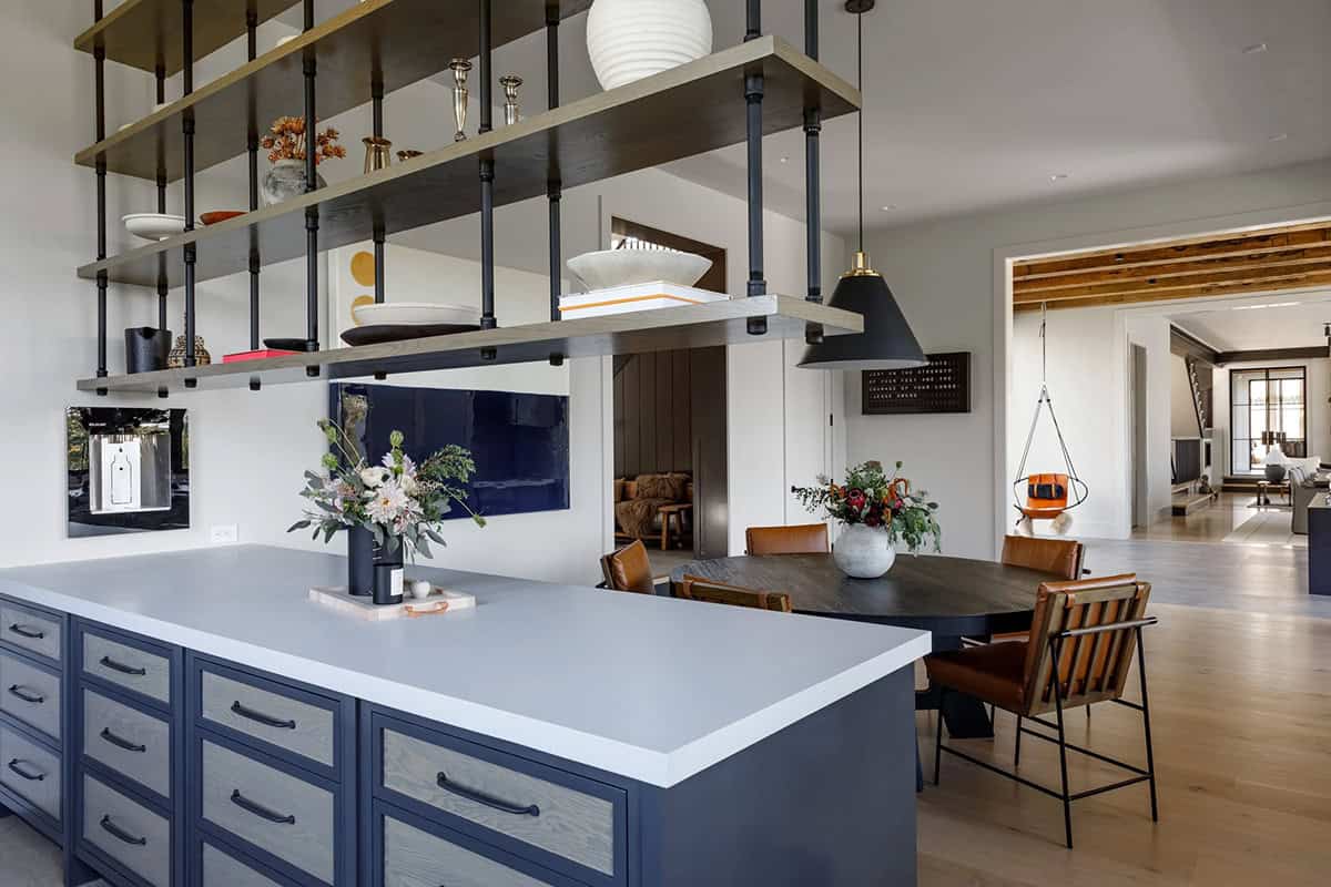 rustic modern kitchen cabinet with hanging industrial shelves