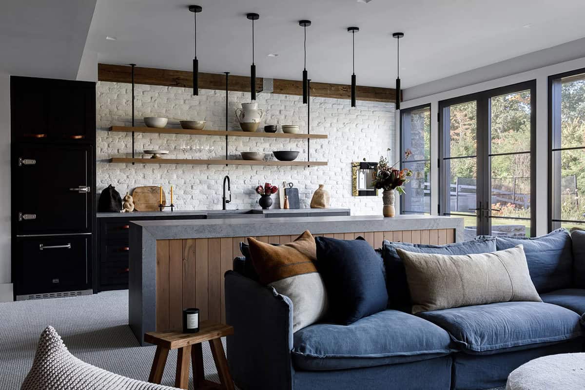 rustic modern family room with a home bar