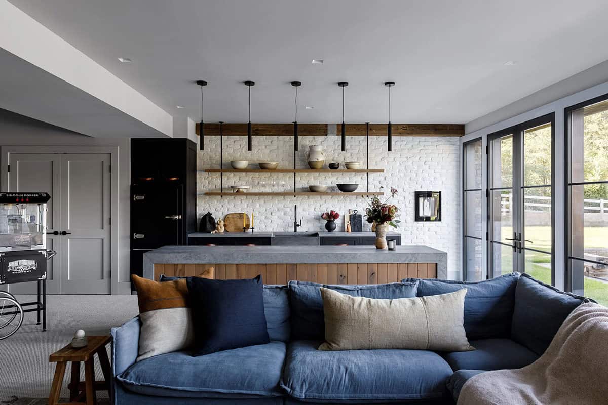 rustic modern family room with a home bar