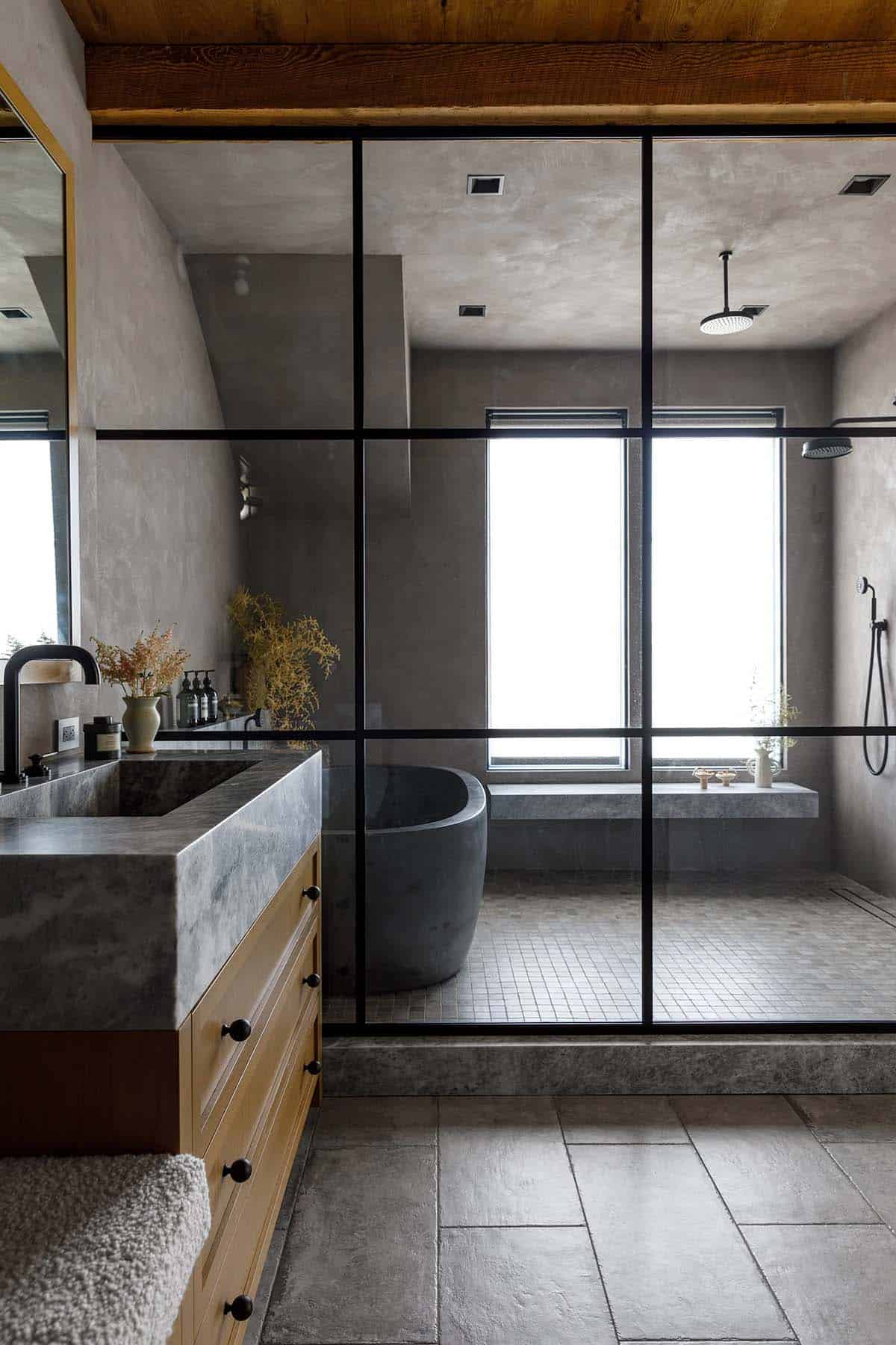 rustic modern bathroom vanity with a wet room and freestanding tub