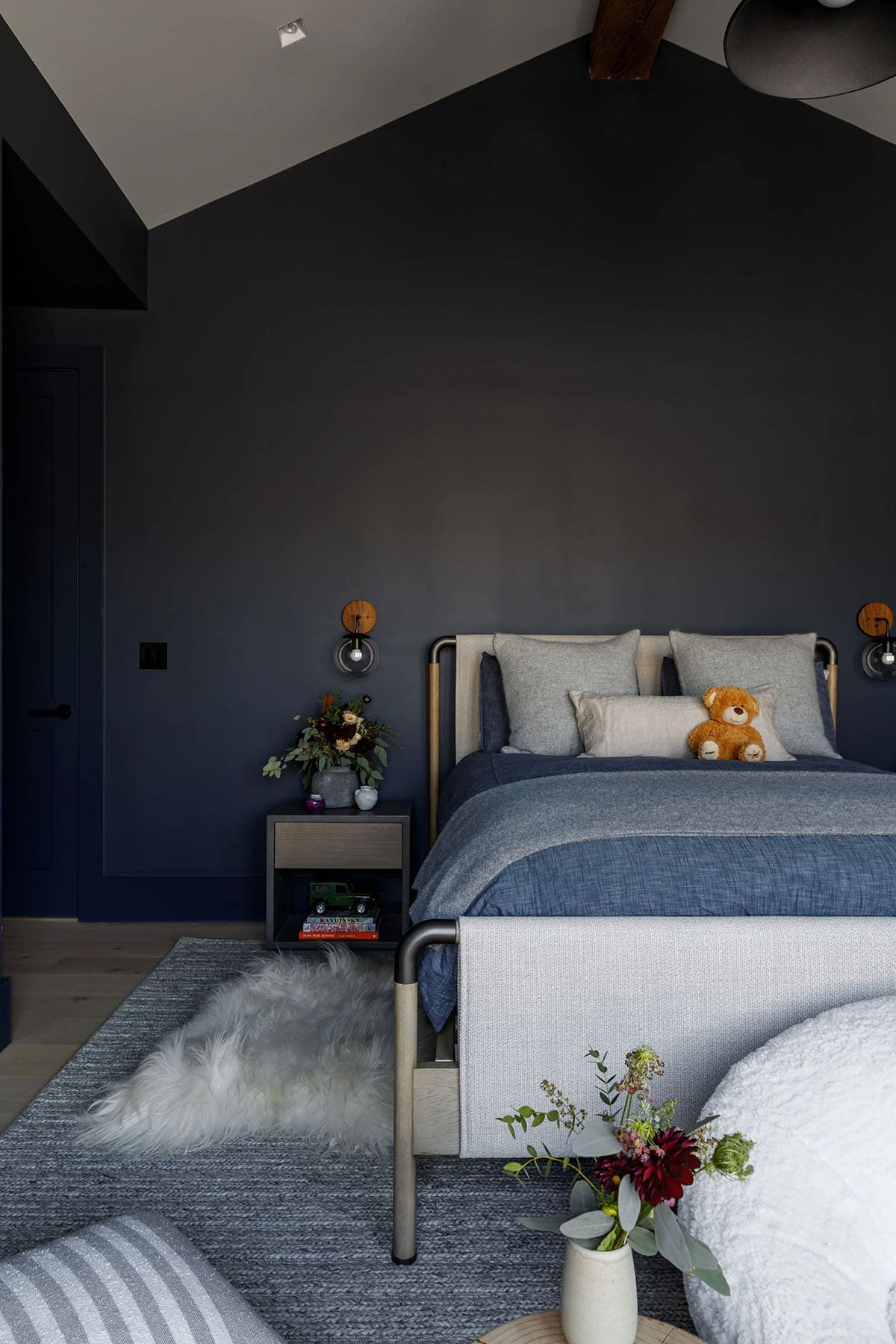 rustic modern bedroom with blue walls