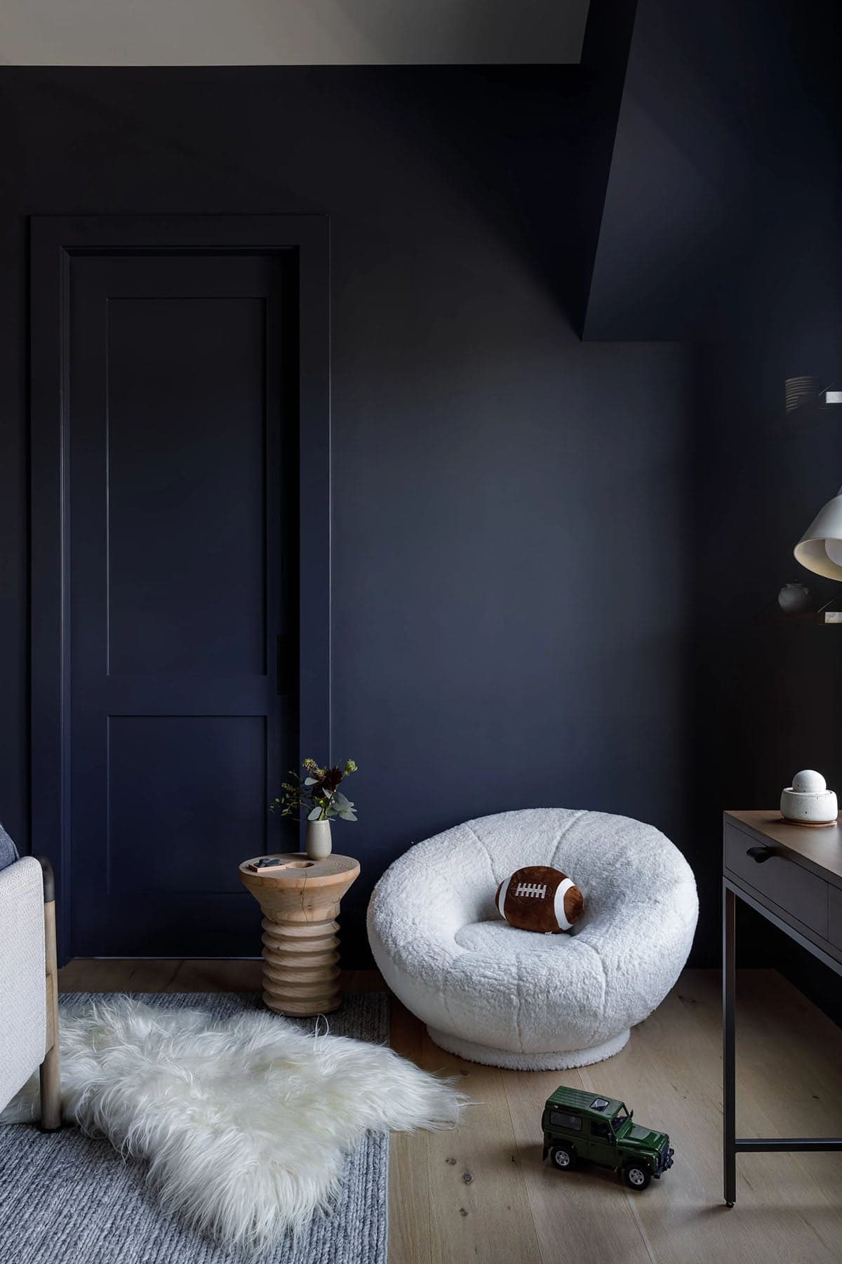 rustic modern bedroom with blue walls