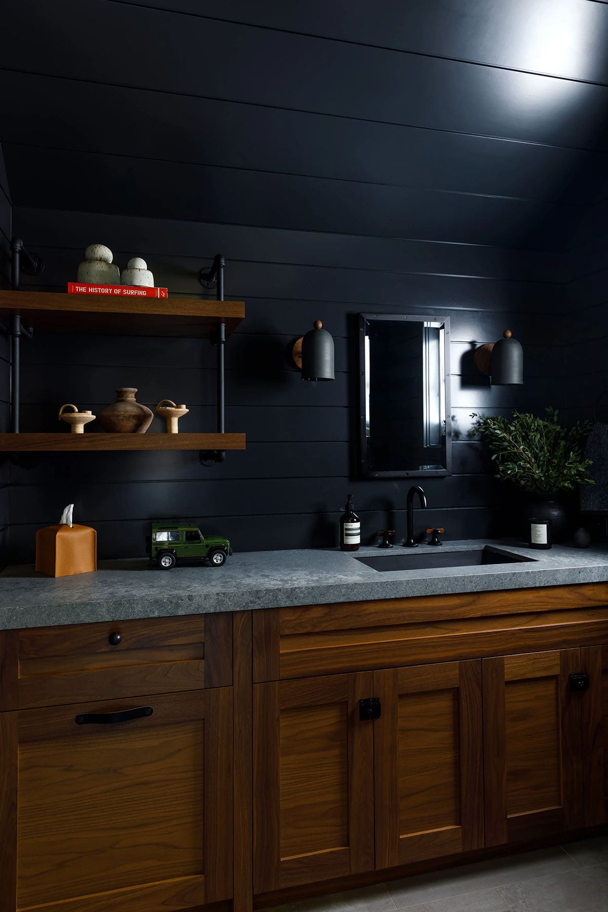 rustic modern bathroom with blue walls