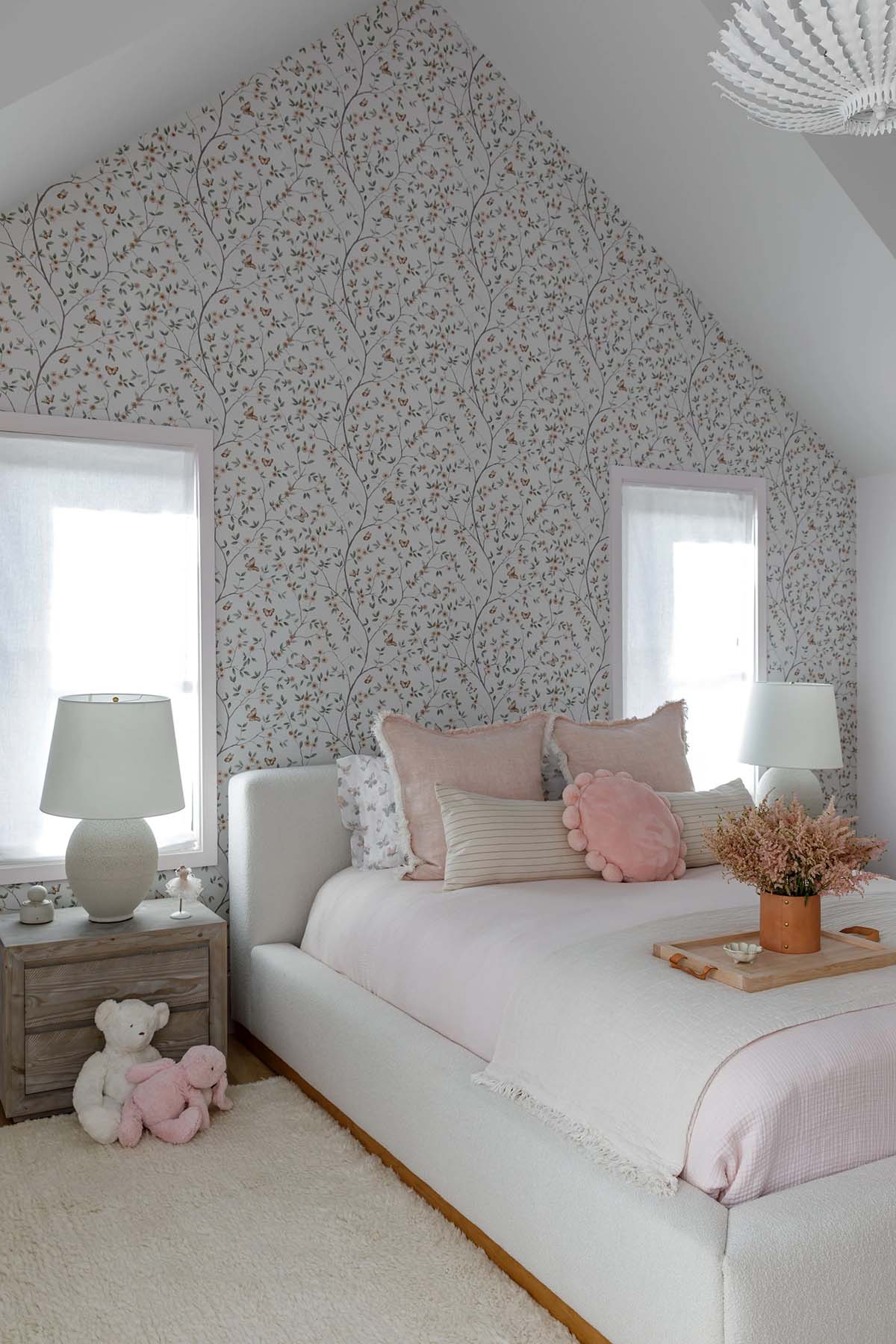 rustic modern girls bedroom with wallpaper