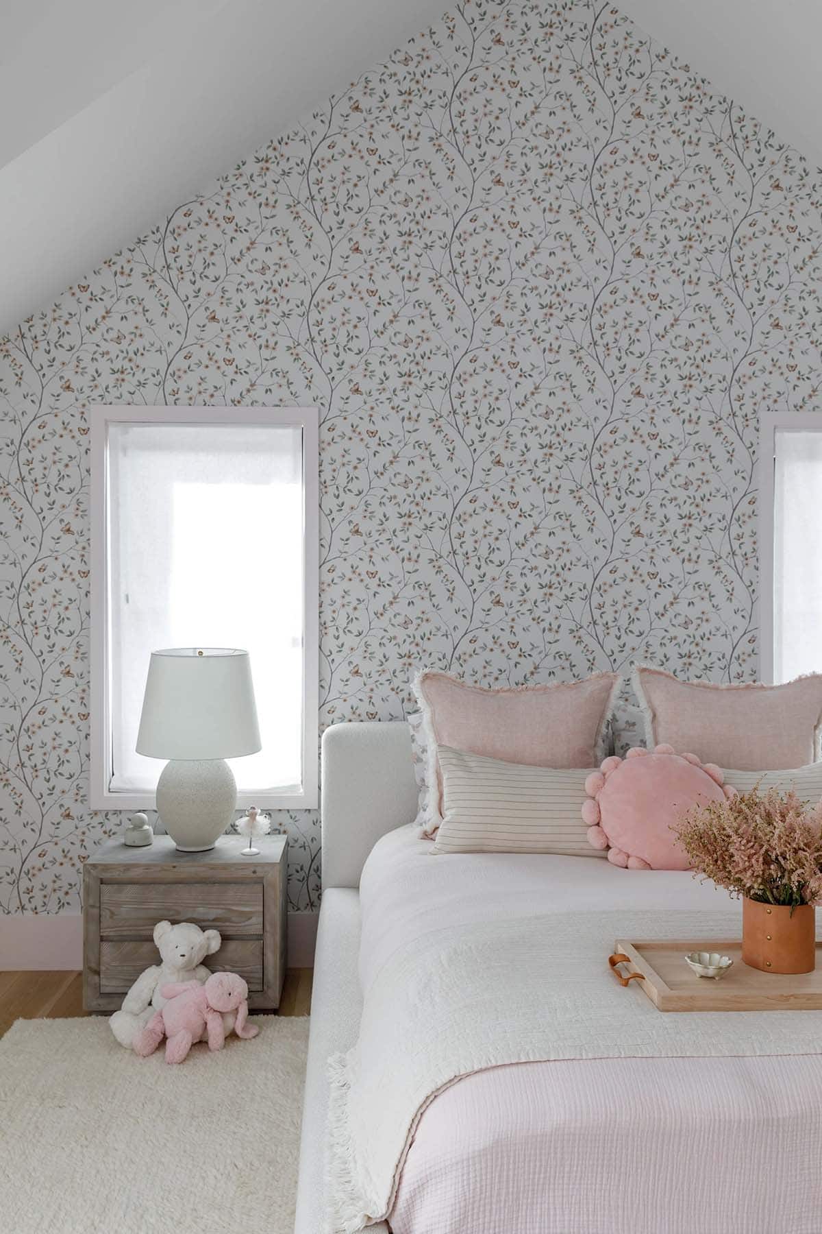 rustic modern girls bedroom with wallpaper