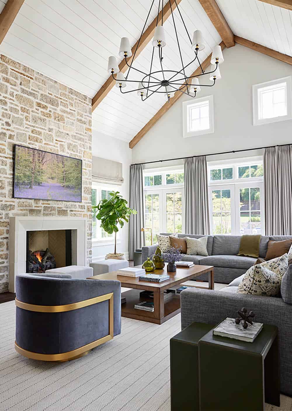 transitional style living room with a fireplace and chandelier