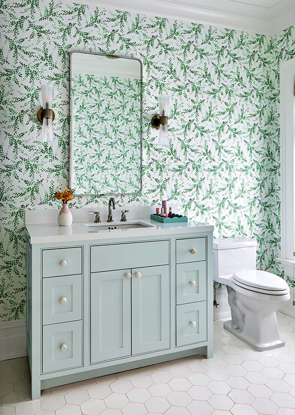 transitional style bathroom with wallpaper
