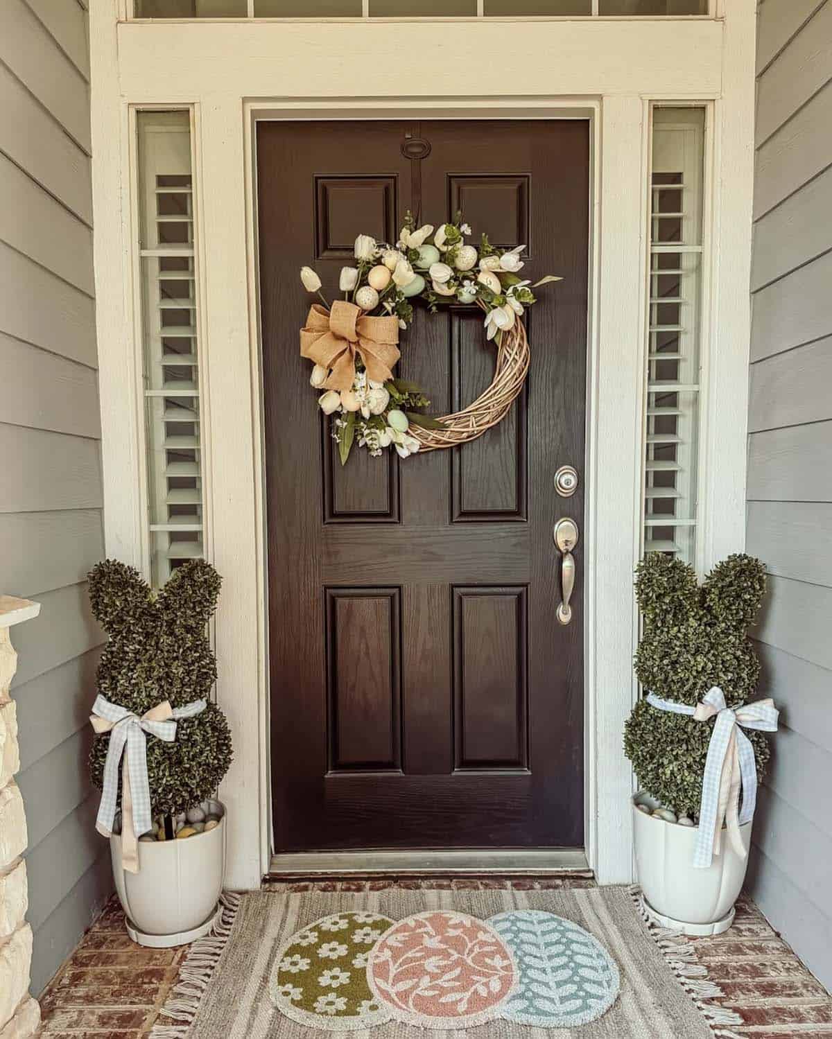 Spring front door with tulip Easter egg wreath, boxwood bunny topiaries, and Easter egg doormat