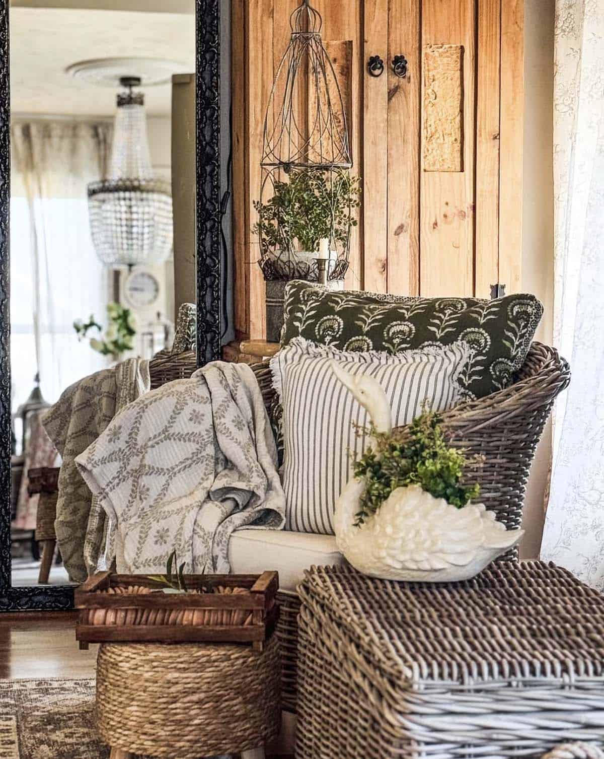 Timeless cottage style wicker chair with ticking stripe pillows, botanical throw, and ceramic swan planter