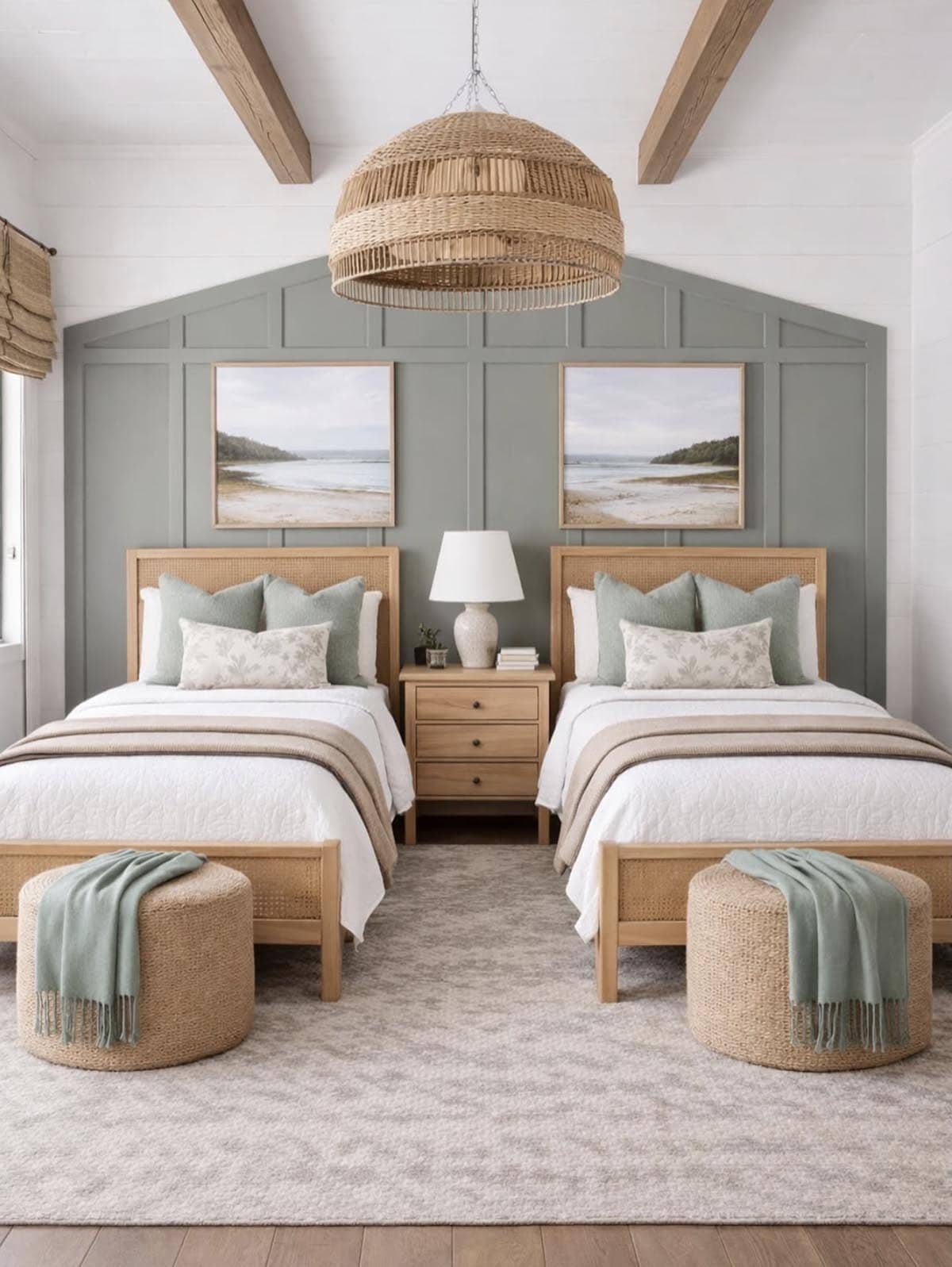 Coastal guest bedroom with two cane twin beds and sage green board and batten accent wall