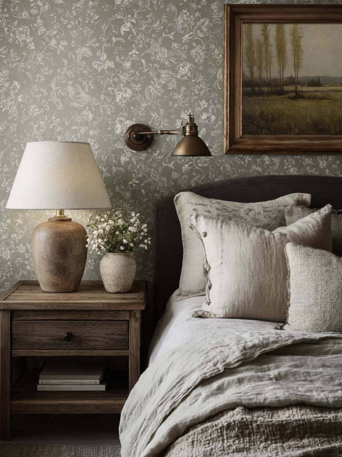 cottage core bedroom with spring flowers and layers of cozy bedding