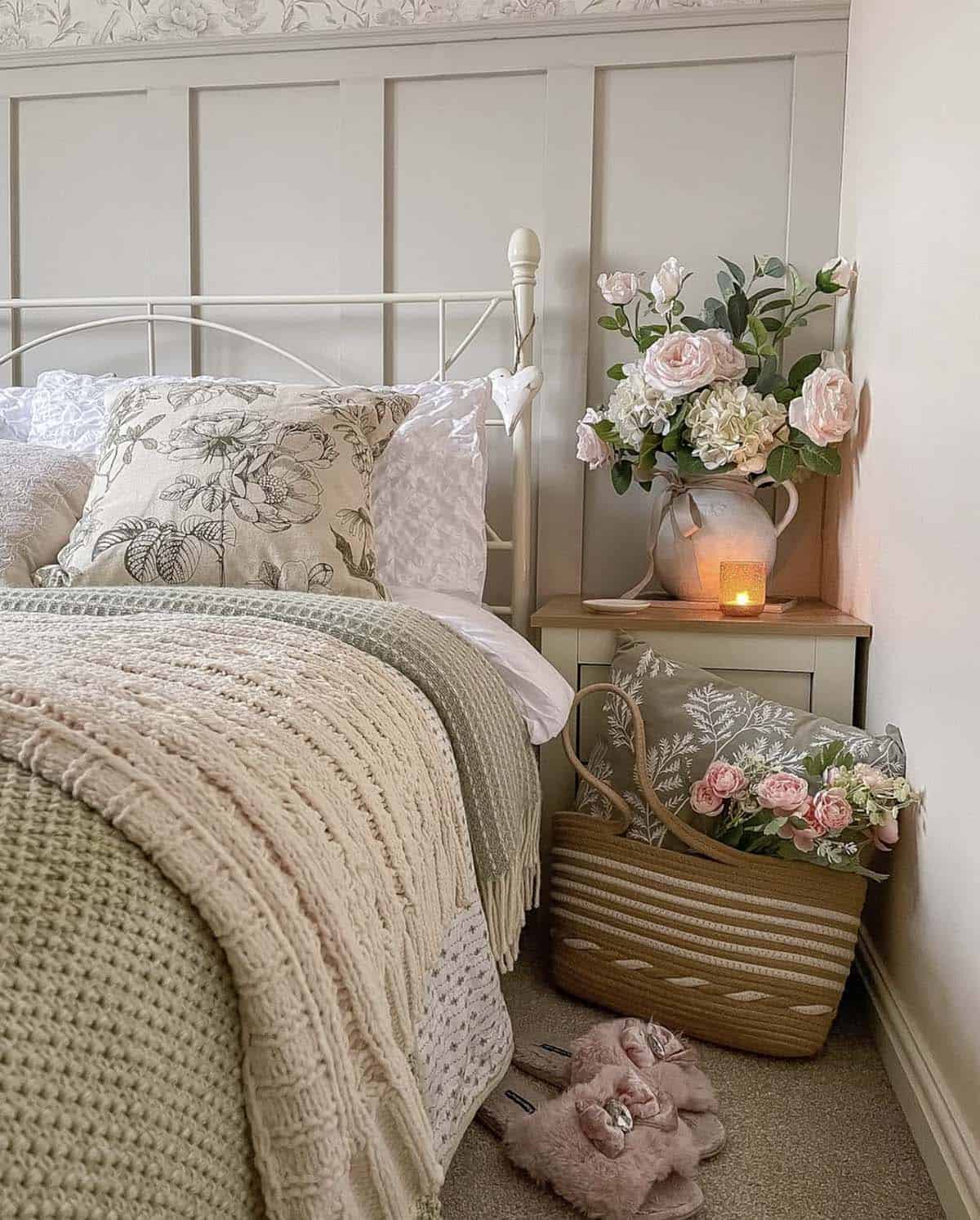 Cozy spring bedroom with cream iron bed, botanical floral pillows, chunky knit throw, sage green bedding, painted panel wall, and ceramic pitcher with pink roses on nightstand