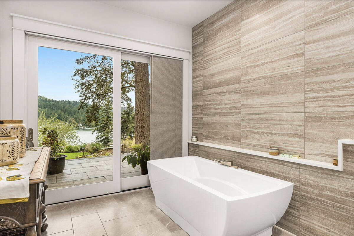 Transitional Bathroom with a soaking tub