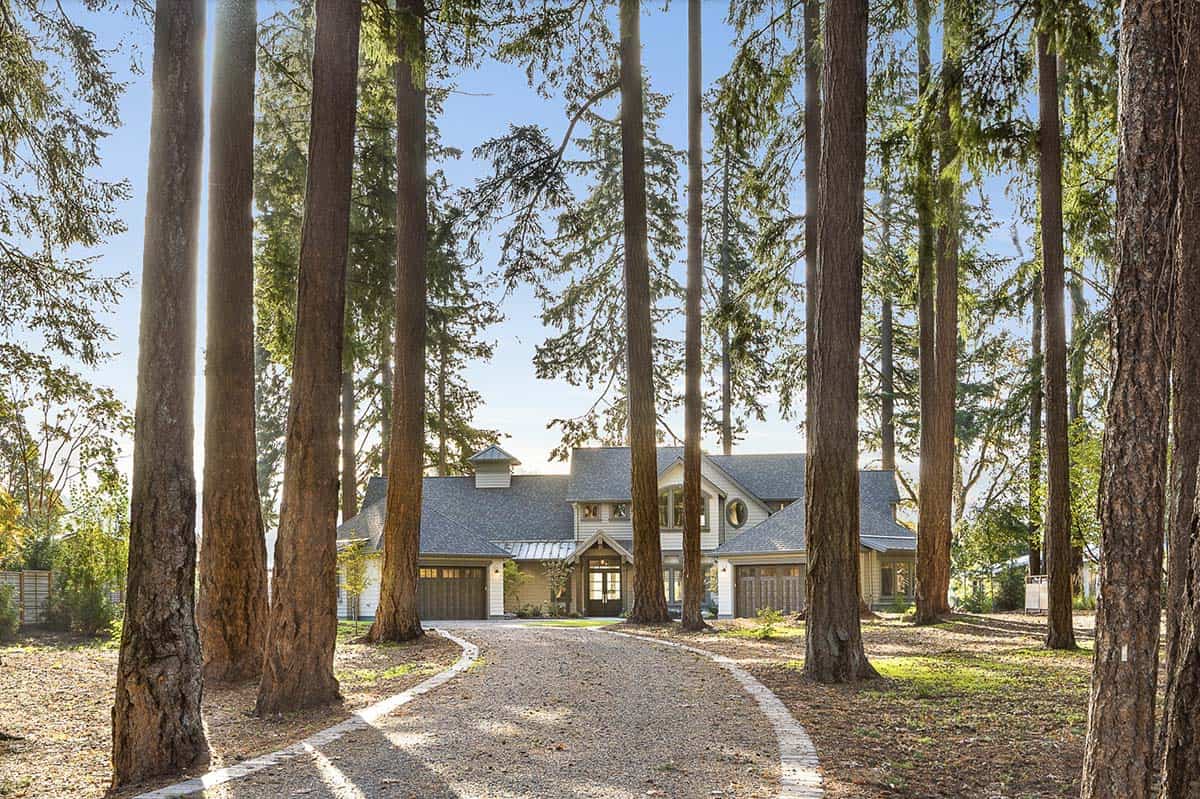 Transitional Lake House Exterior with a long driveway