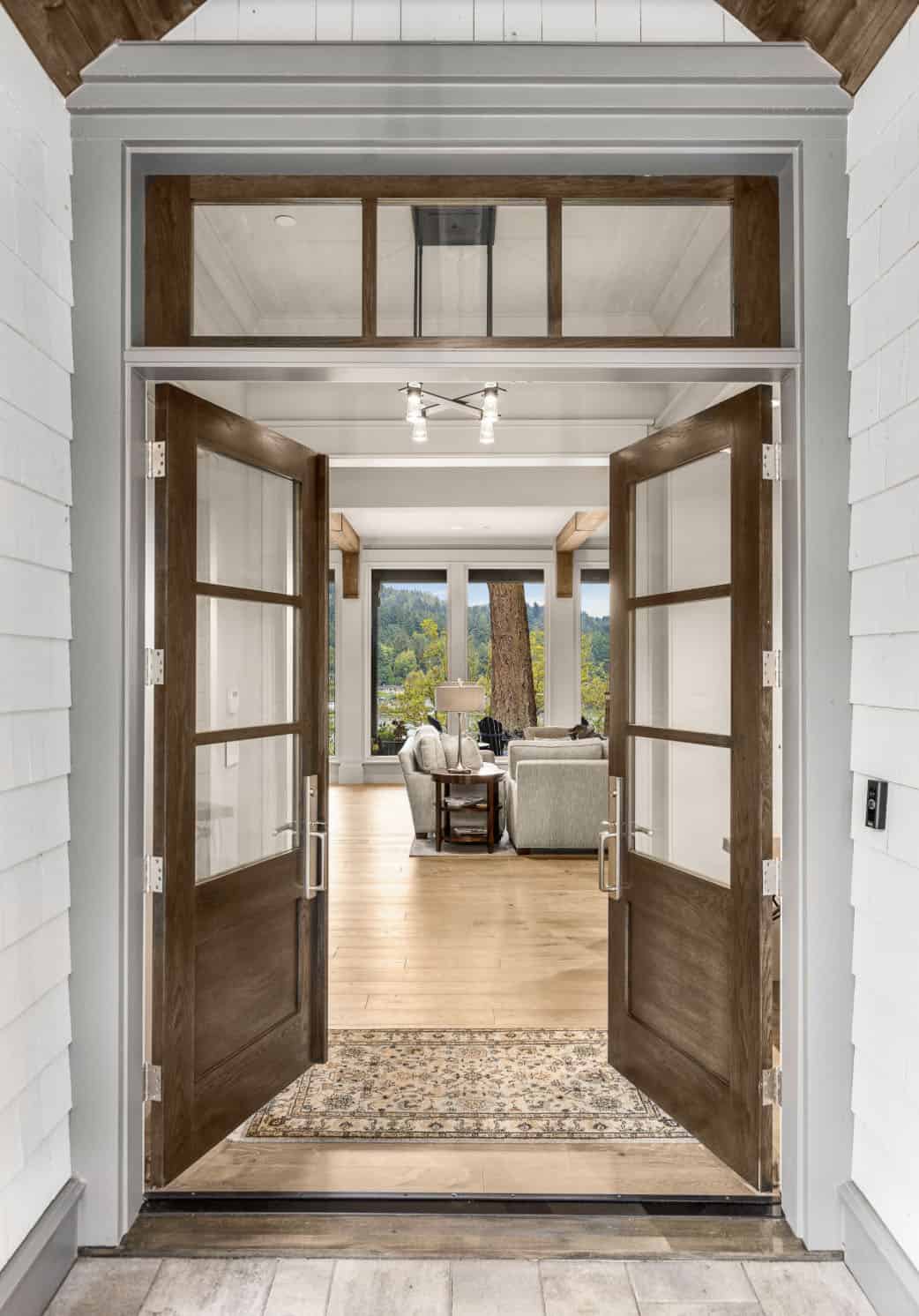 Transitional Lake House Exterior Entry