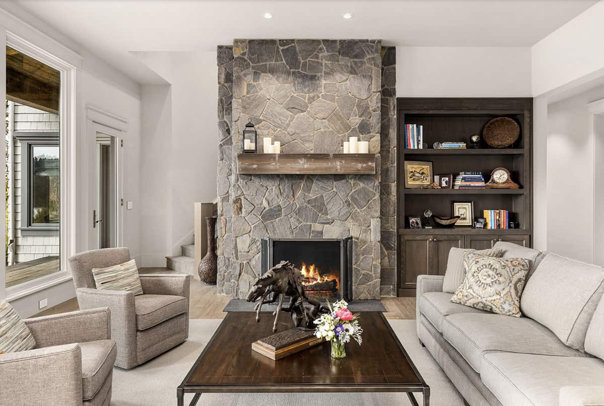Transitional Living Room with a fireplace