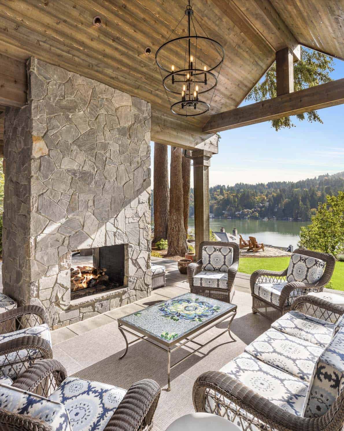Transitional Covered Patio with a fireplace and outdoor furniture
