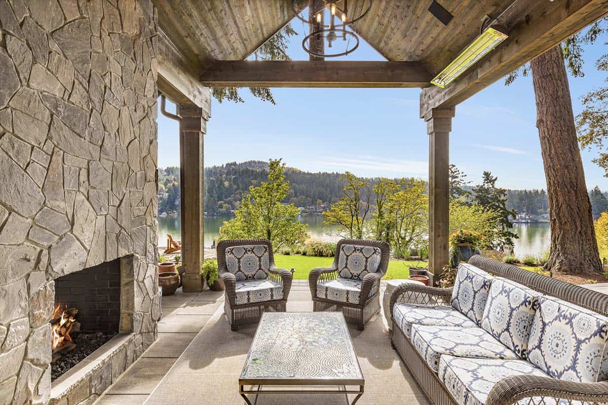 Transitional Covered Patio with a fireplace and outdoor furniture