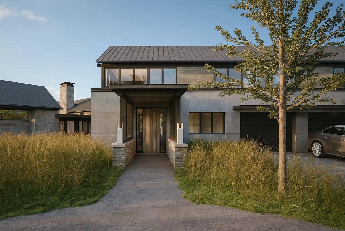 Contemporary home exterior with stone facade, dark metal roof, and natural grass landscaping in Hudson Wisconsin