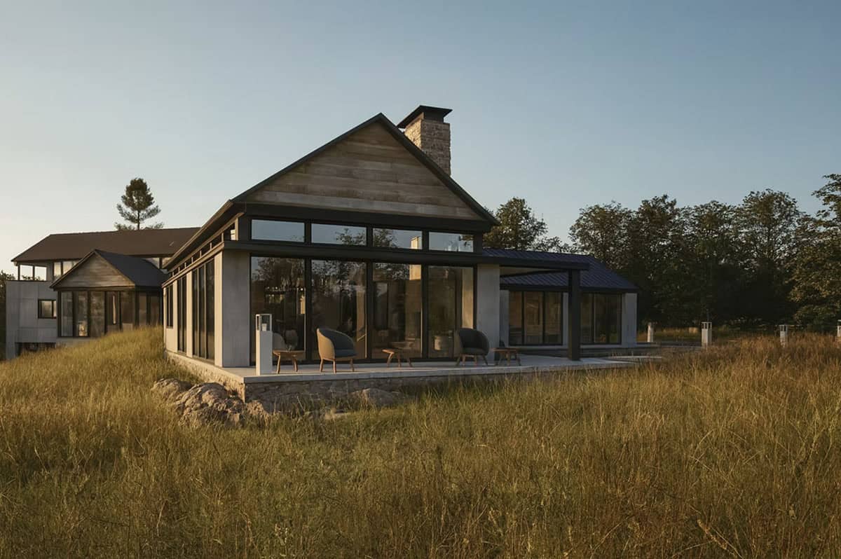 Contemporary home outdoor patio with floor-to-ceiling glass walls and seating area surrounded by natural meadow in Hudson Wisconsin