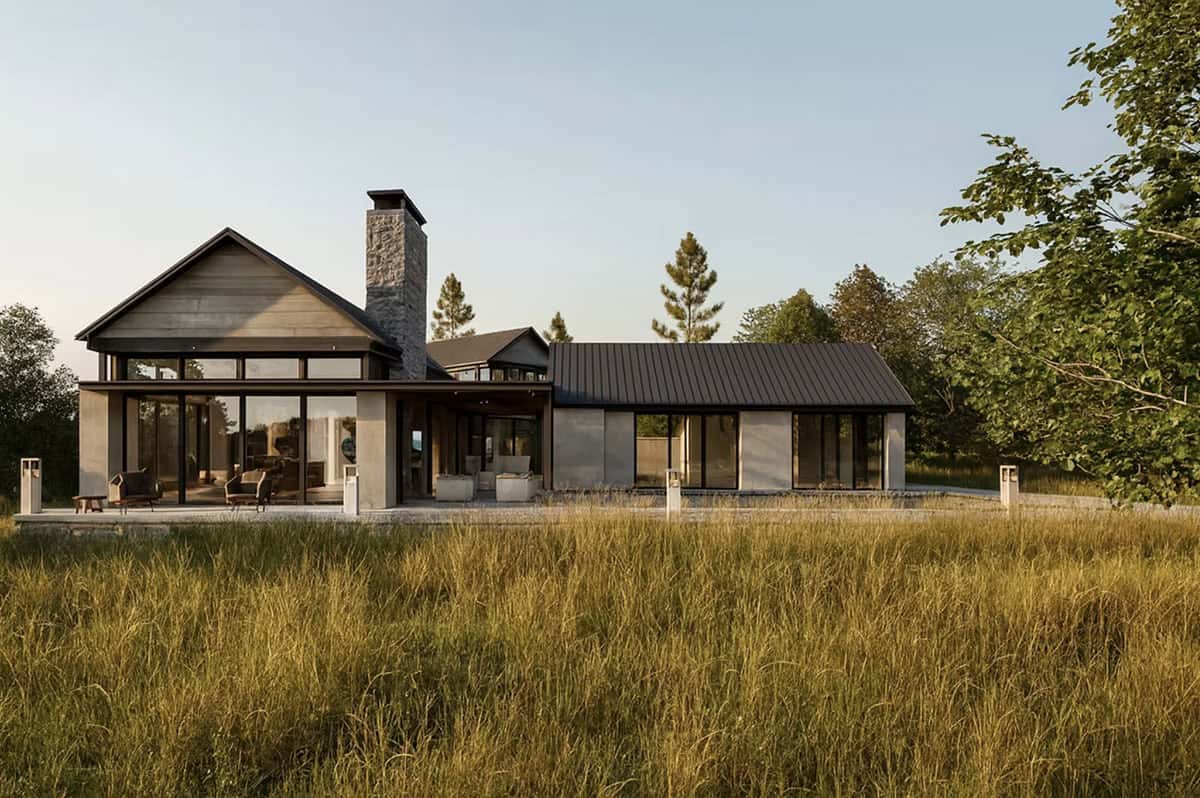 Contemporary home rear exterior with stone chimney, dark metal roof, and outdoor patio overlooking natural meadow in Hudson Wisconsin