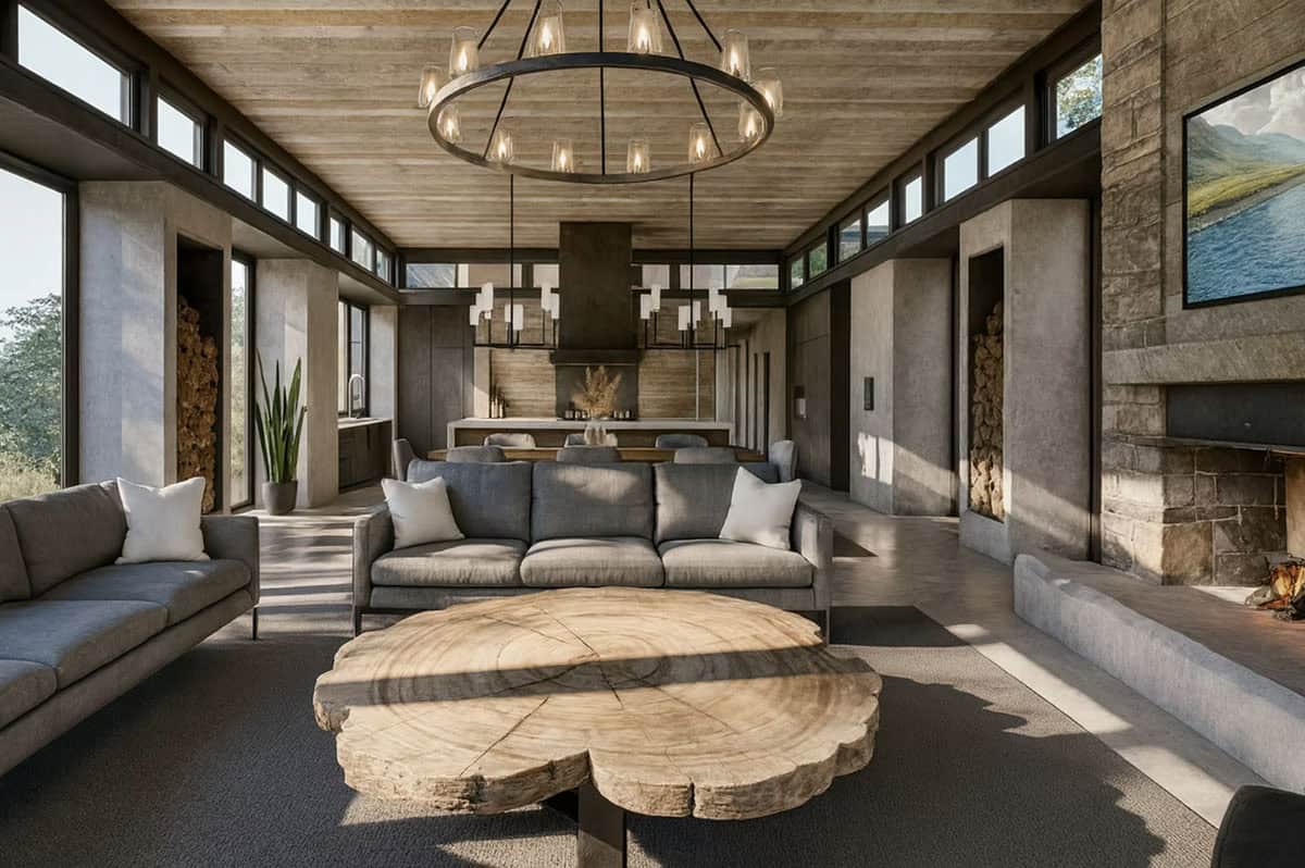 Open plan living room with tree slab coffee table, stone fireplace, wood ceiling, and clerestory windows in Hudson Wisconsin contemporary home