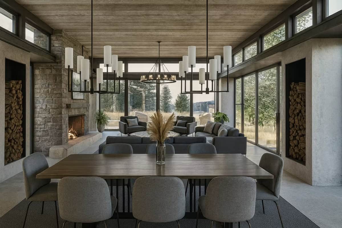 Open plan dining room with stone fireplace, wood storage niches, clerestory windows, and nature views in Hudson Wisconsin contemporary home