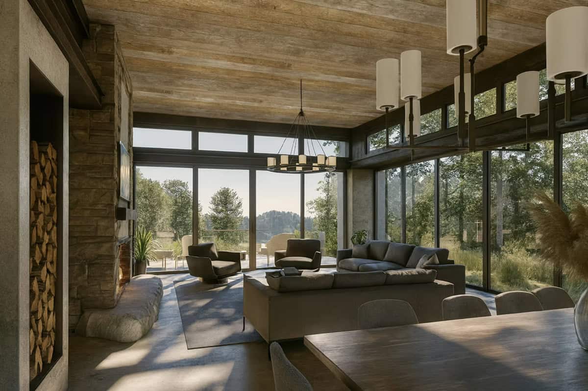 Contemporary living room with stone fireplace, wood storage niche, floor-to-ceiling windows and St. Croix River views in Hudson Wisconsin