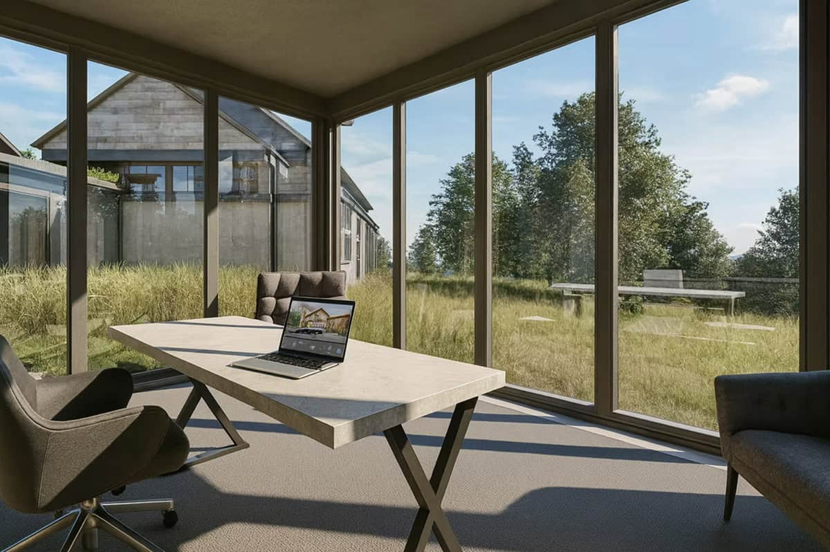 Home office with panoramic floor-to-ceiling windows and natural meadow views in Nature's Edge contemporary home Hudson Wisconsin
