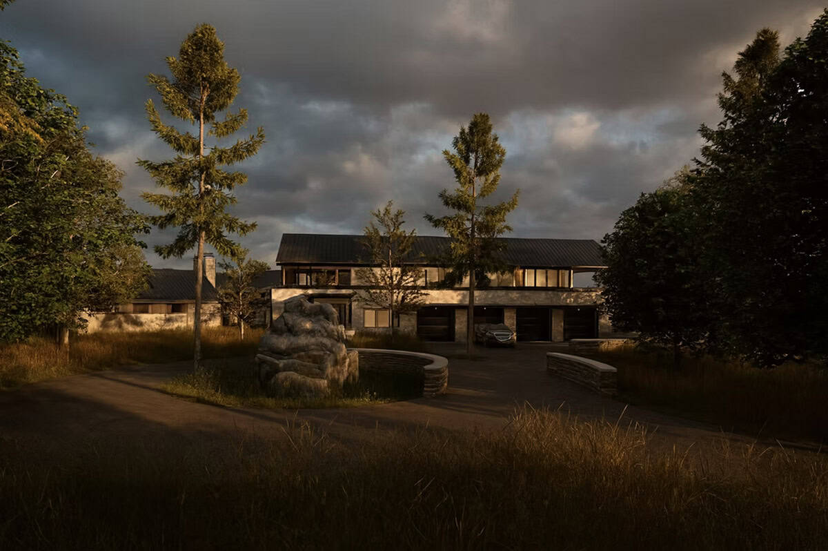 Nature's Edge contemporary home exterior at dusk with stone sculpture driveway and dramatic stormy sky in Hudson Wisconsin