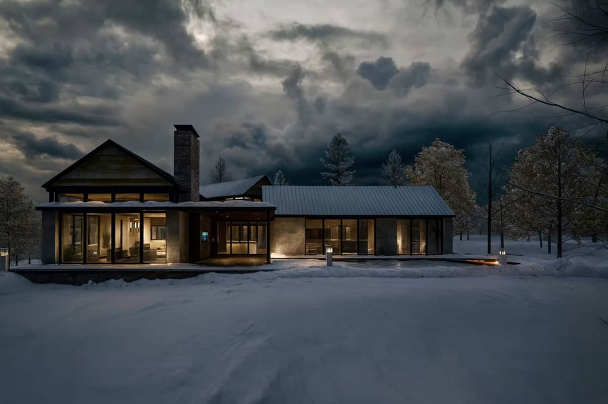 Nature's Edge contemporary home exterior in winter snow with warm interior lighting and dramatic stormy sky in Hudson Wisconsin