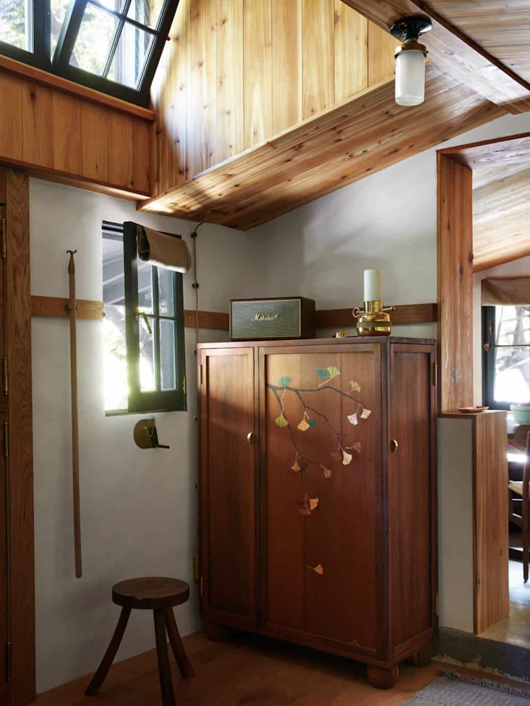 Custom ginkgo marquetry armoire built from reclaimed redwood