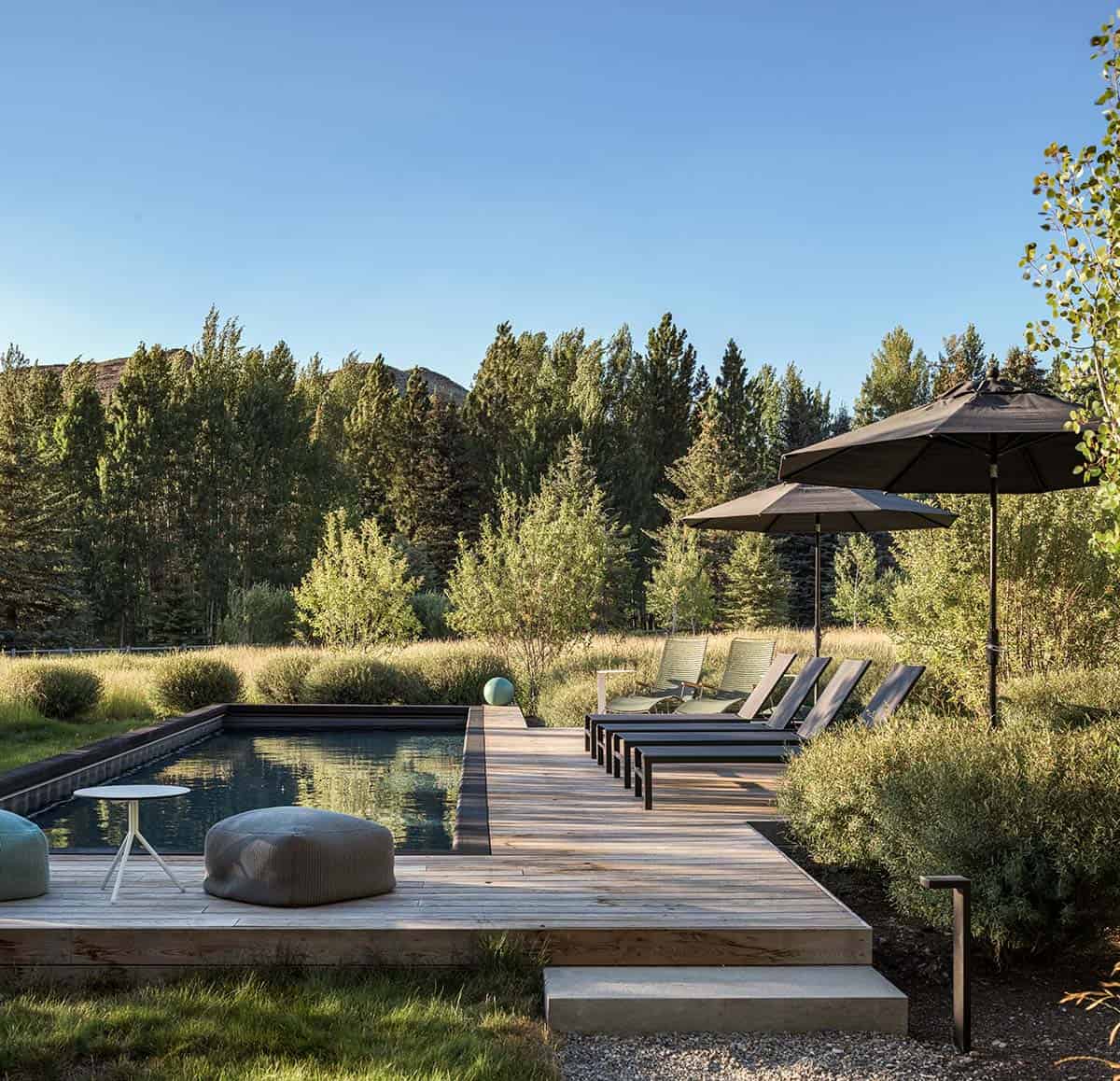 Rectangular pool with wood deck, lounge chairs, and umbrellas surrounded by natural meadow and pine forest