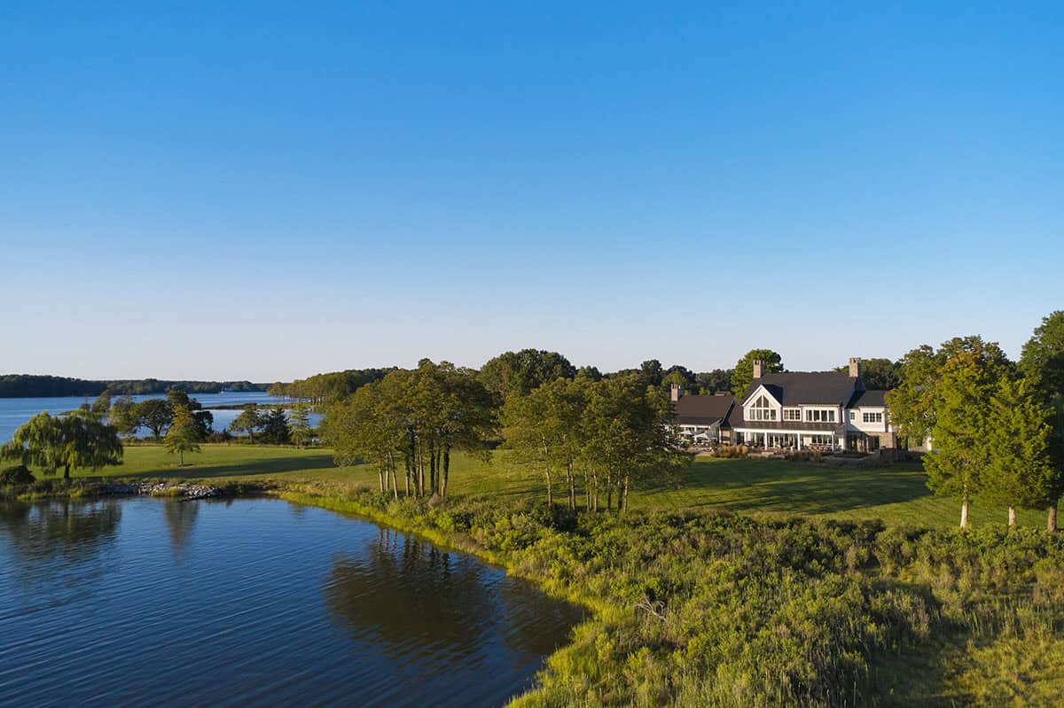 Aerial view of Maryland Eastern Shore waterfront home on Tred Avon River by Purple Cherry Architects