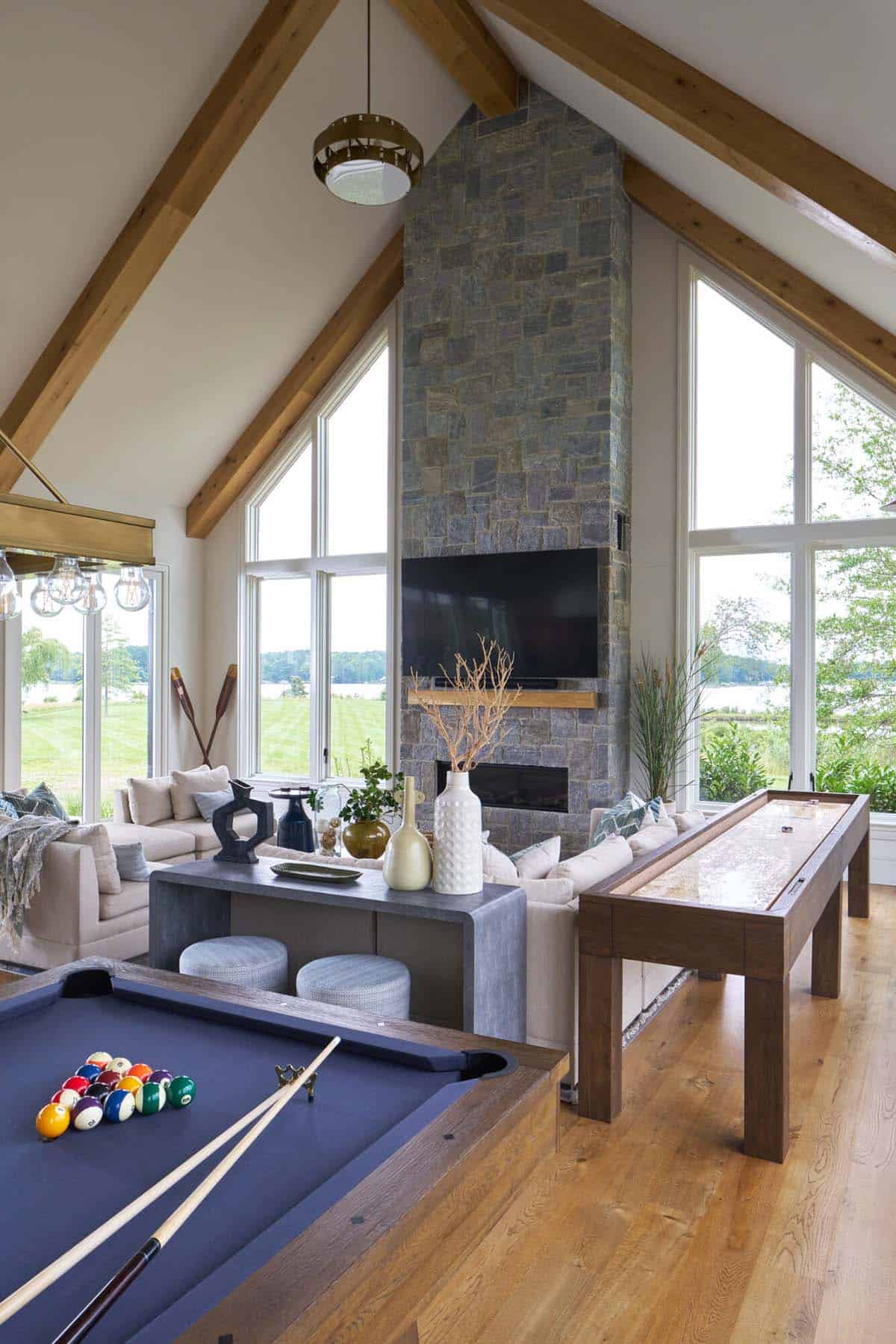 Elegant transitional great room with a fireplace