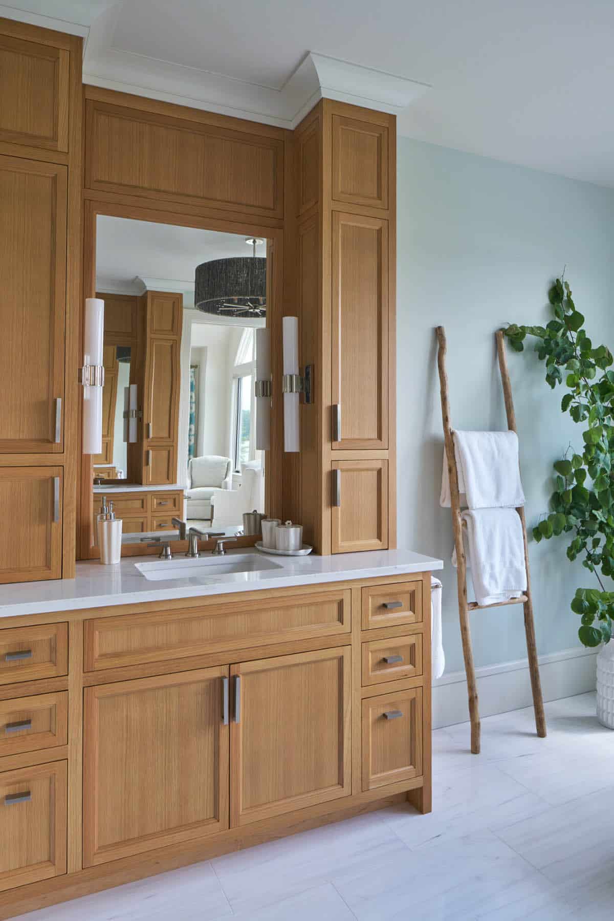contemporary bathroom vanity with a towel ladder